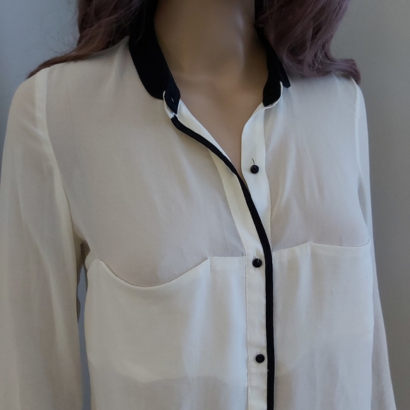 ZARA sheer blouse top polo shirt cream black - Picture 2 of 12